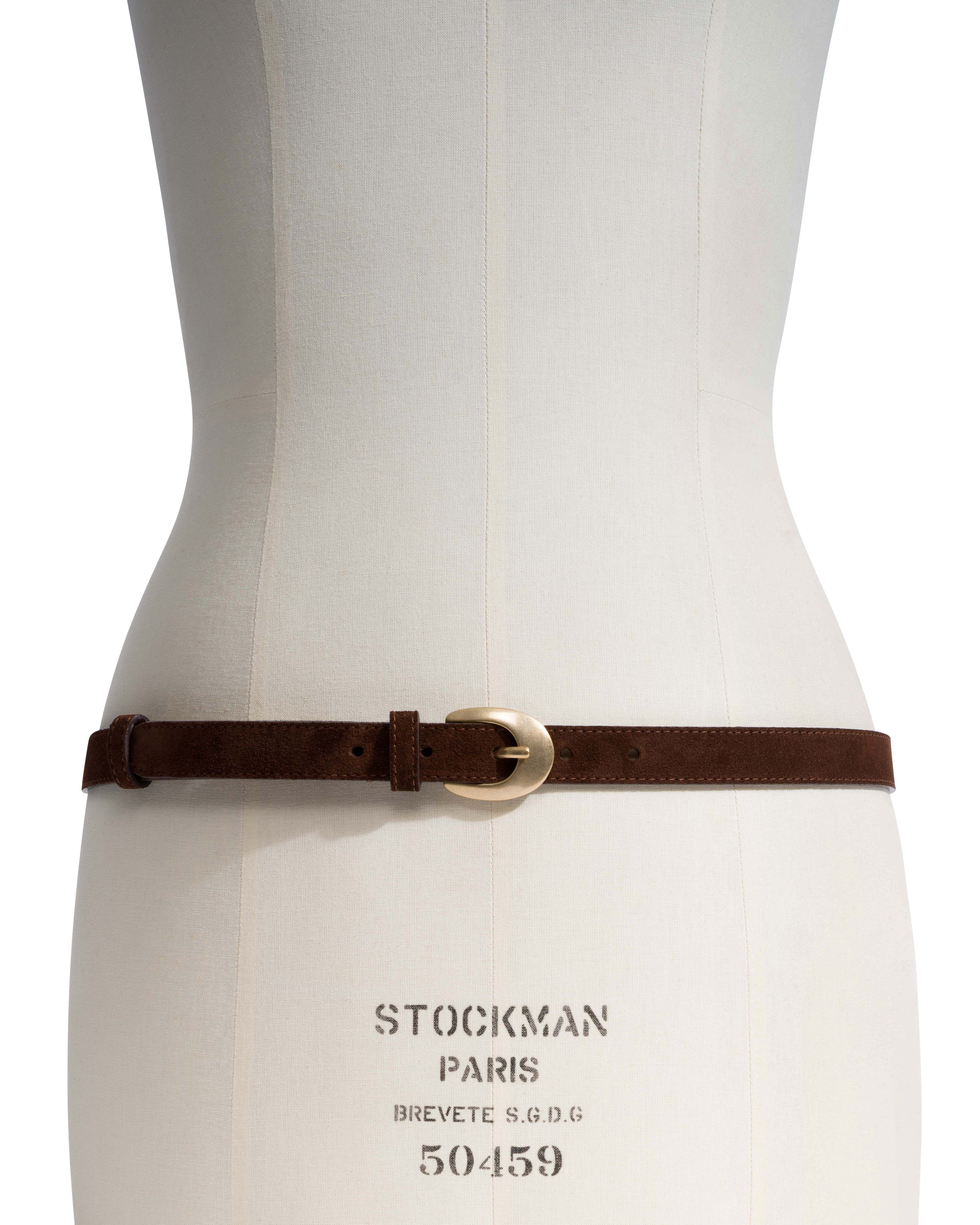 Aris unisex leather belt Calf suede & metal Chocolate & gold buckle - Image 2