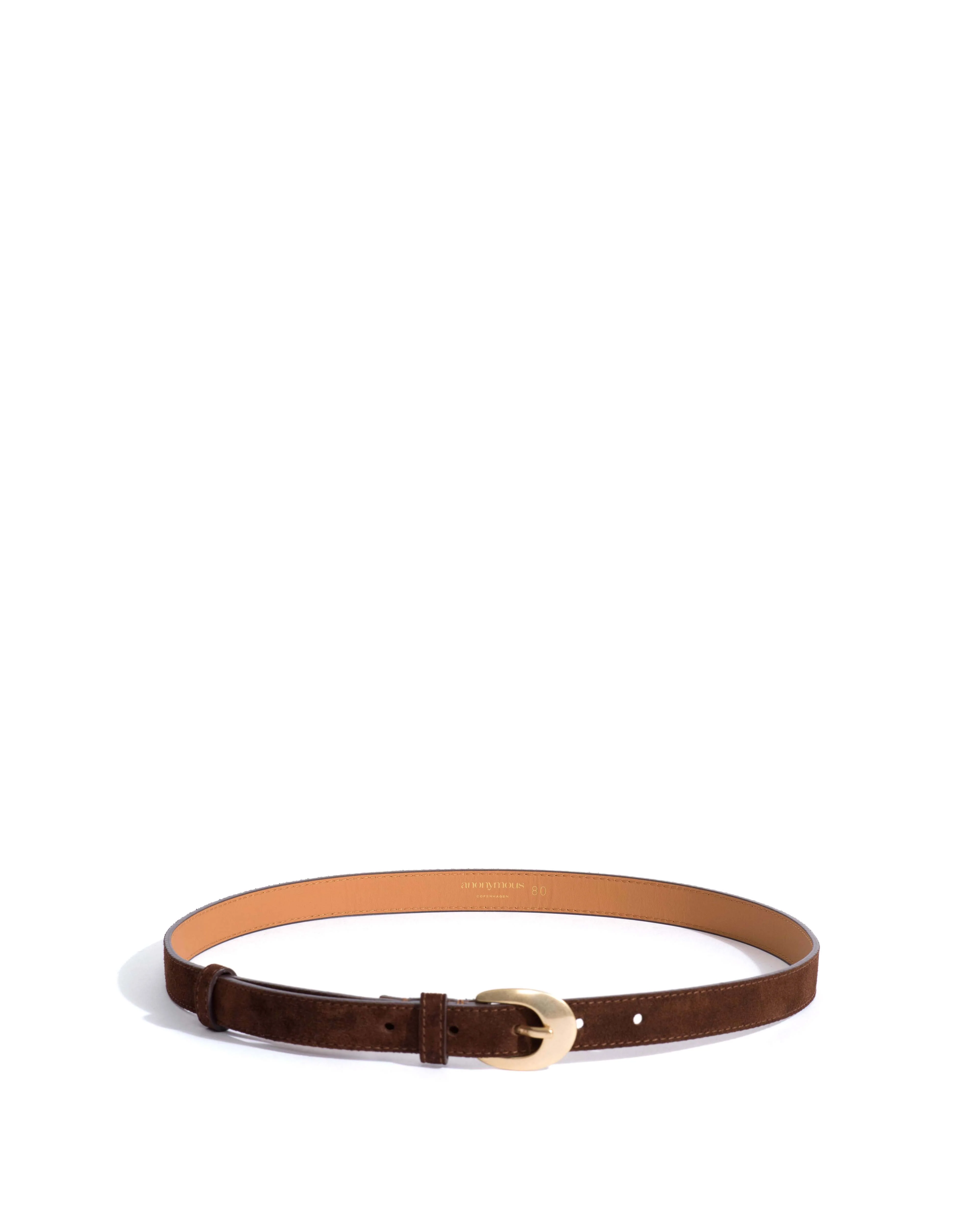 Aris unisex leather belt Calf suede & metal Chocolate & gold buckle - Image 3