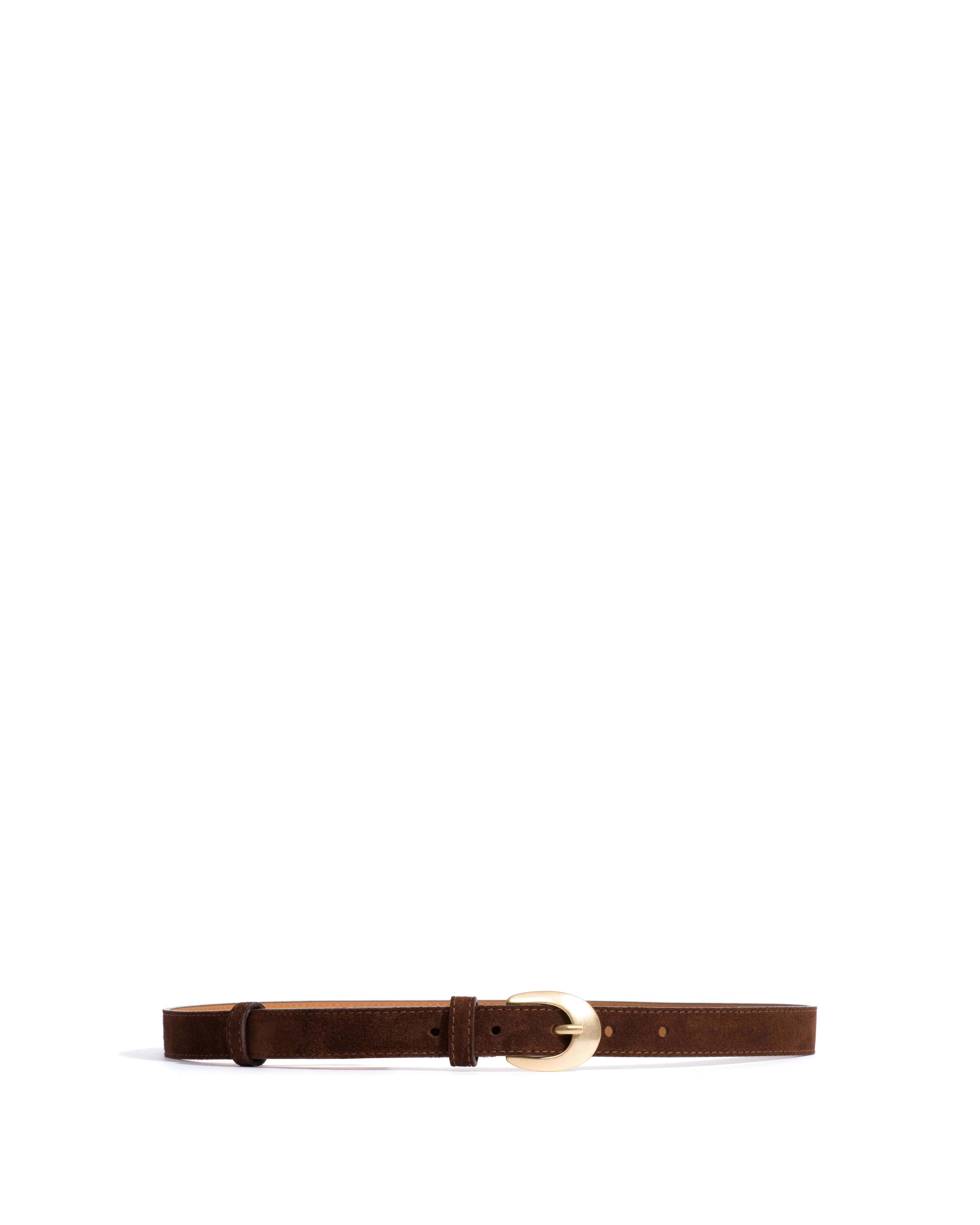 Aris unisex leather belt Calf suede & metal Chocolate & gold buckle - Image 4