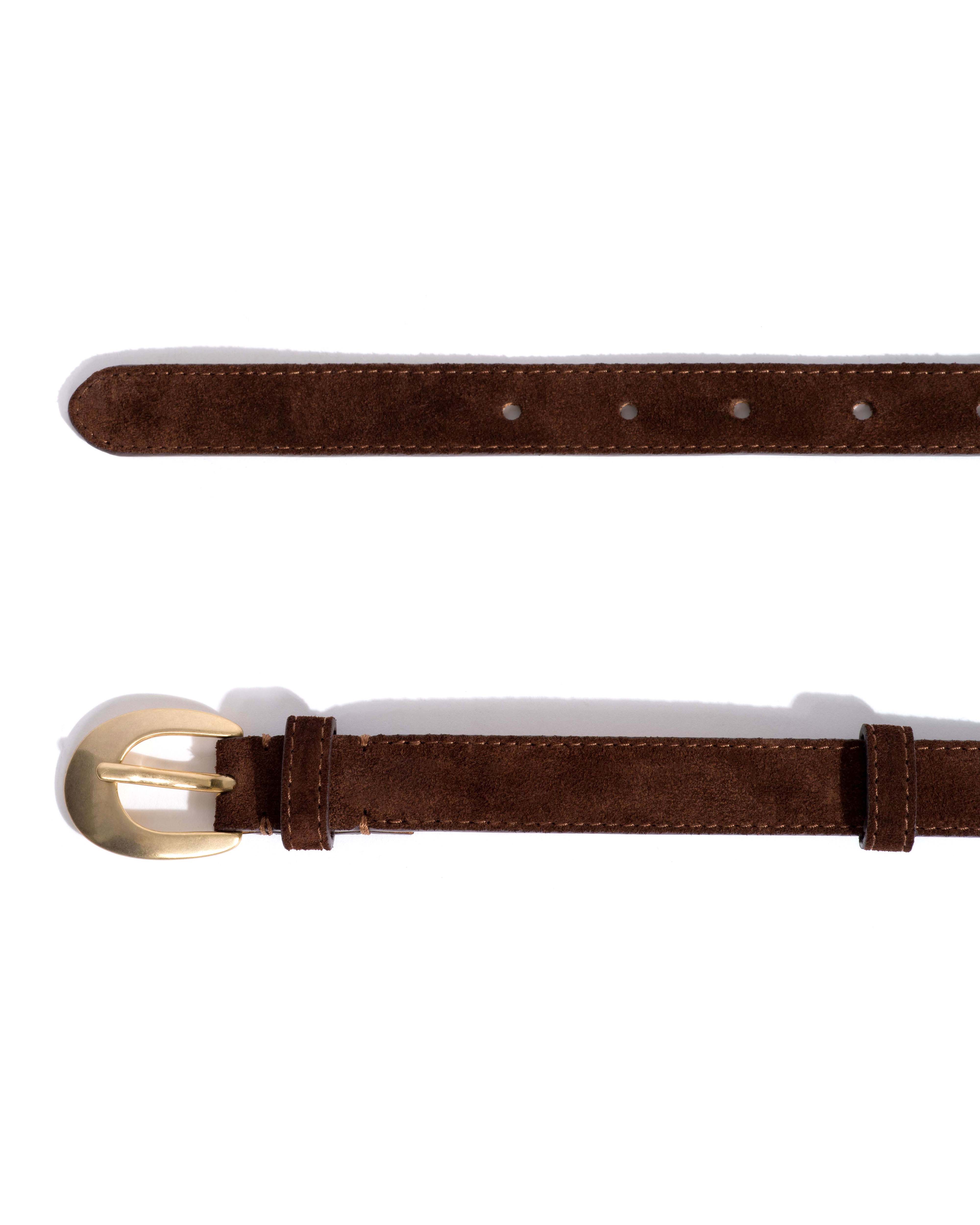 Aris unisex leather belt Calf suede & metal Chocolate & gold buckle - Image 5