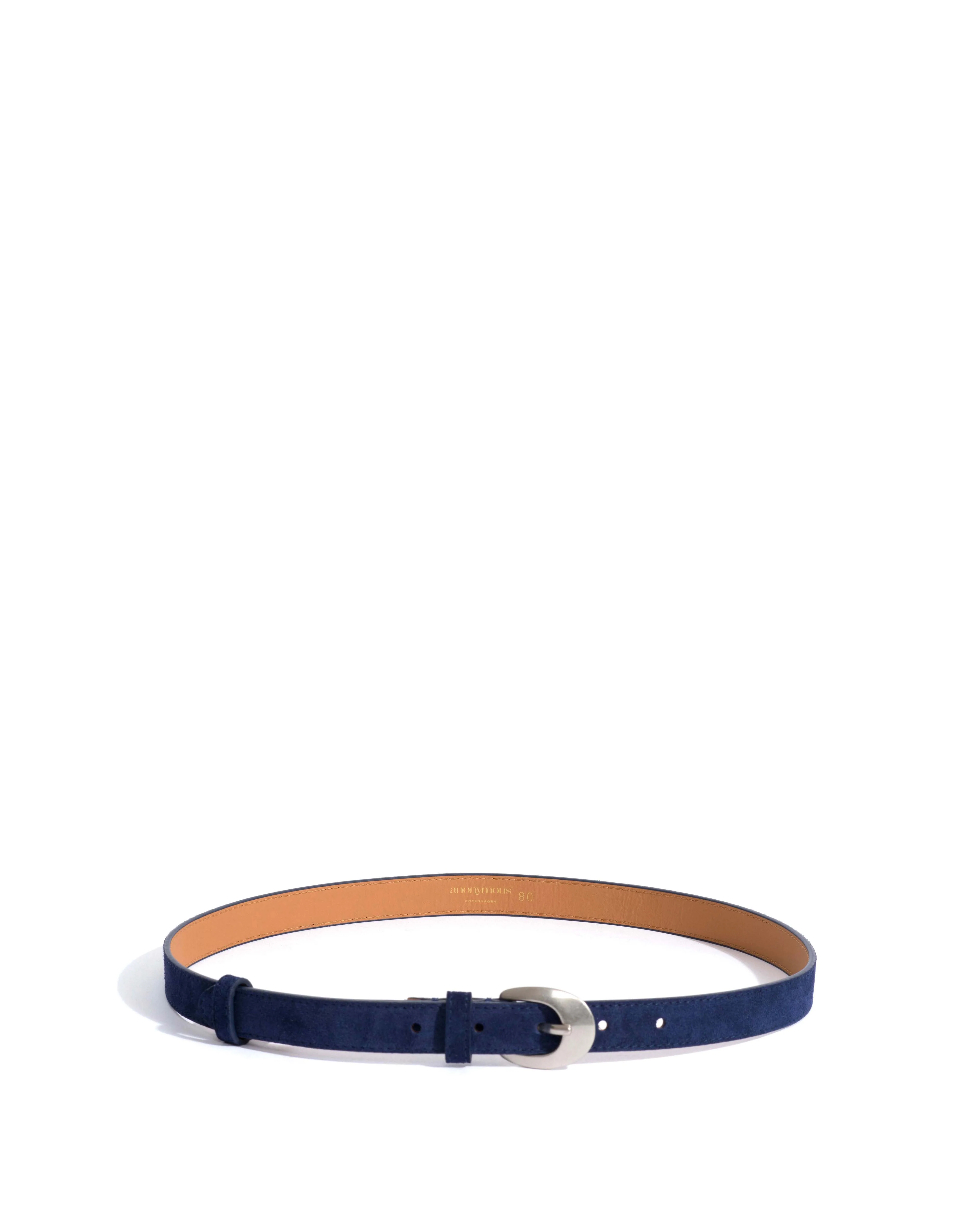 Aris unisex leather belt Calf suede & metal Ink blue & silver buckle - Image 3