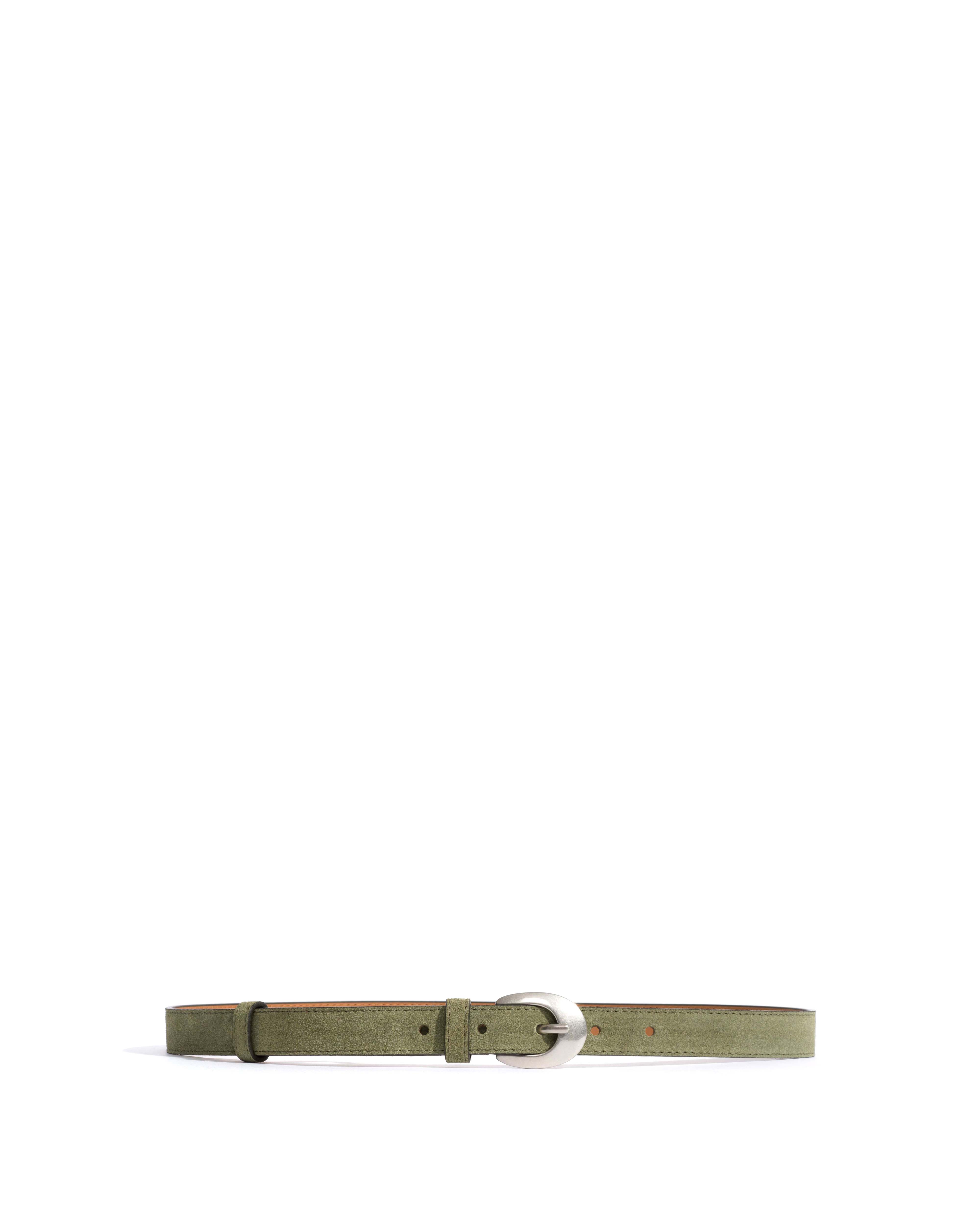 Aris unisex leather belt Calf suede & metal Olive green & silver buckle - Image 4