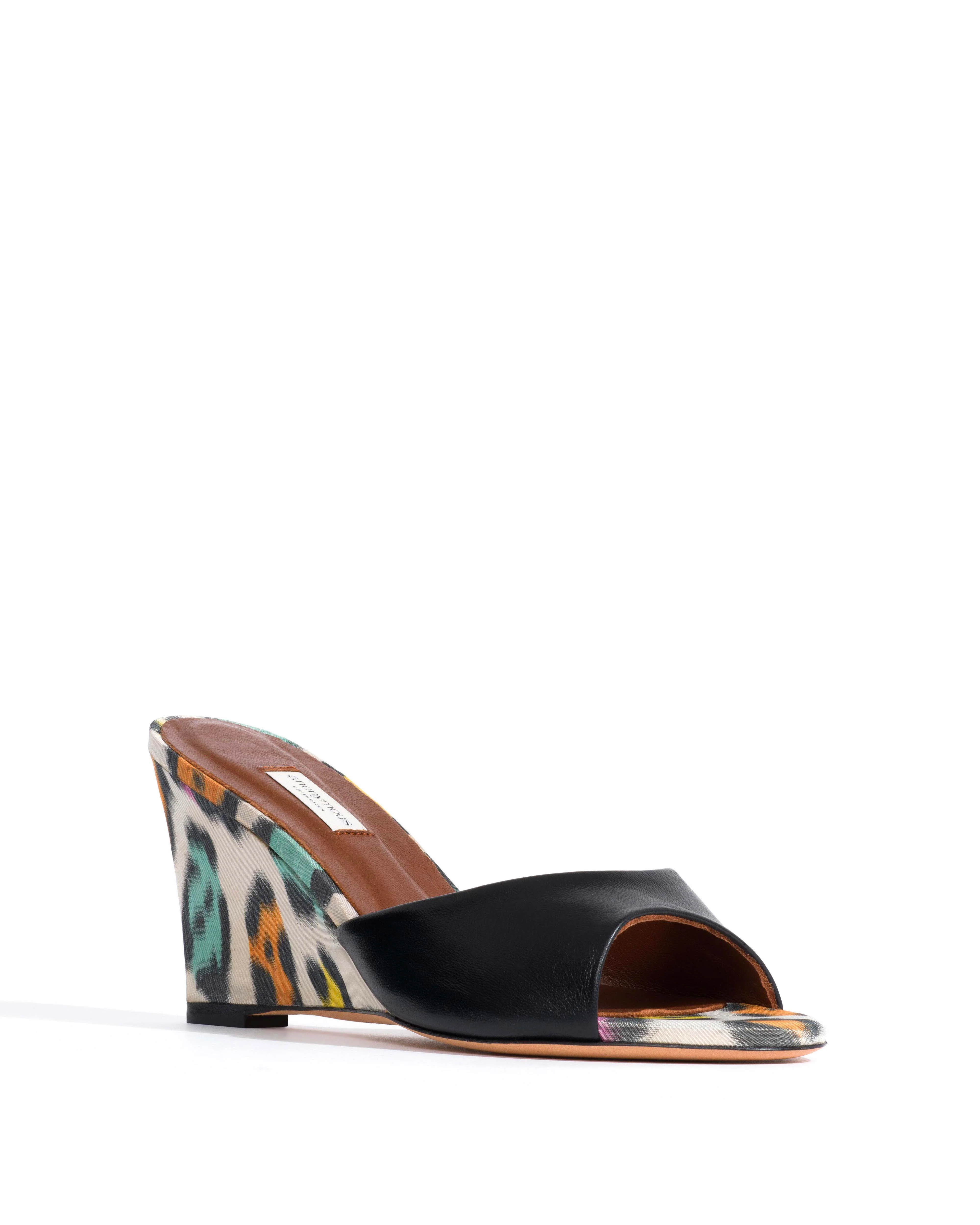 Gwen 75 wedge Shiny lamb & satin print Black & multicolor leopard - Image 2